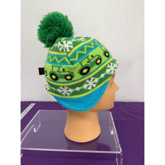 John Deer Toddle One Size Tractor Snowflake Green Blue Beanie Hat Pompom - Picture 10 of 12